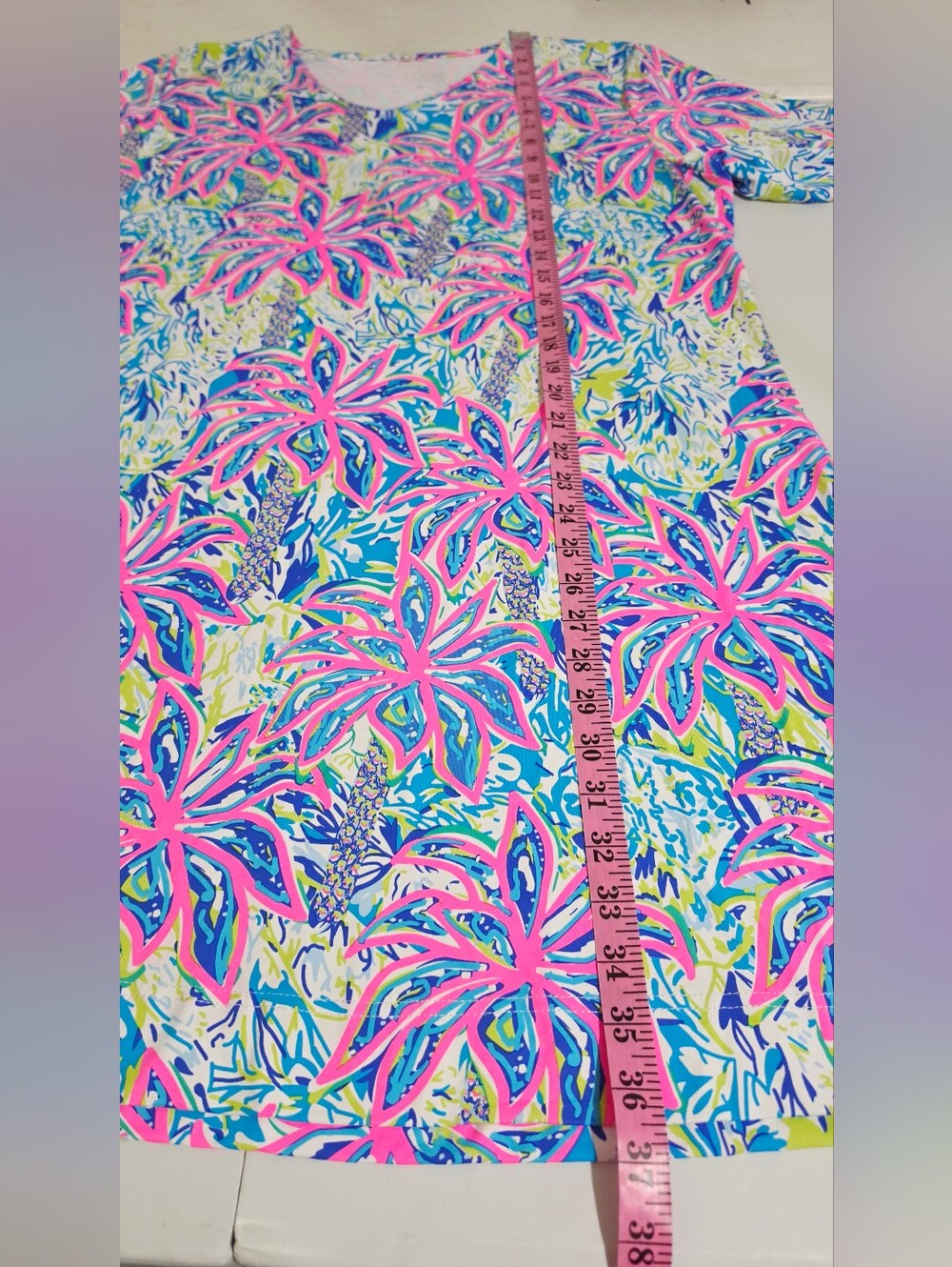 Lulu-B 1X SPF 50 Tropical Palm Print Dress Pink Blue 3/4 Sleeve Resort Plus - Picture 9 of 14